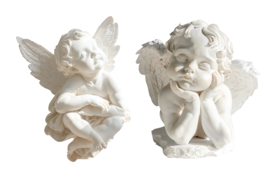 Set of photorealistic images of angel figurines. Isolated clipart for collage, stickers, social media design, scrapbooking, greeting cards.