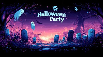 Obraz premium Creepy Graveyard Scene with Glowing Halloween Party Sign