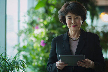 Senior Japanese businesswoman contentedly engaging with her tablet in a stylish, contemporary office.