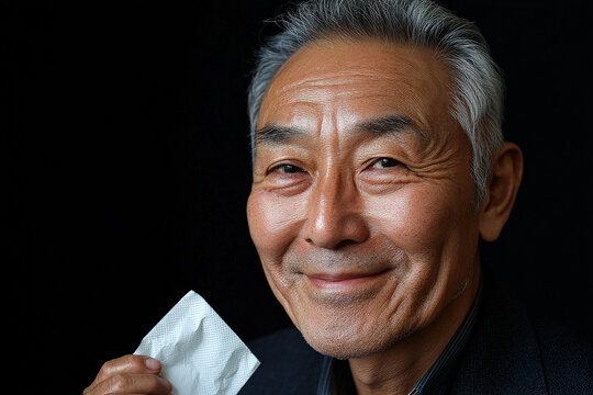 Senior Japanese man smiling while using facial oil blotting paper. His clear, refreshed skin stands out against the black backdrop, highlighting the product's effectiveness.