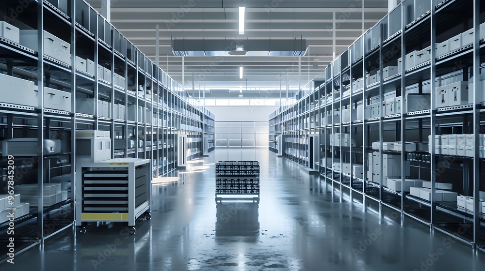 Poster organized smart warehouse with automated inventory management and efficient logistics