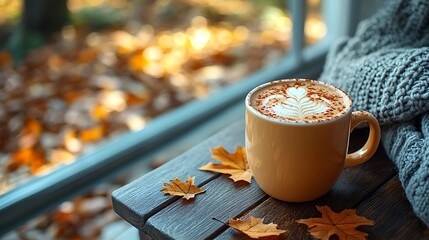 A warm autumn afternoon in a cozy café, pumpkin spice latte on a wooden table, with soft sunlight streaming through the window, fallen autumn leaves visible outside,