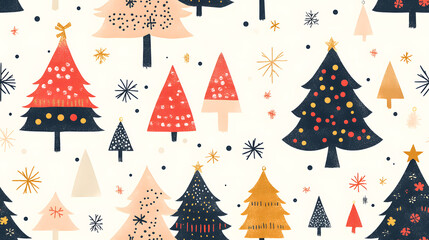 Festive pattern of decorated Christmas trees on white background during holiday season