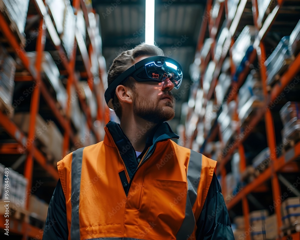 Poster warehouse worker using augmented reality glasses to locate and pick items highlighting cutting edge 