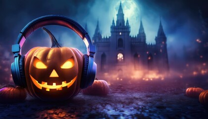Halloween party. Jack O' Lantern pumpkin wearing headphones on Spooky old gothic castle, foggy night, haunted mansion background of a scary Halloween night.