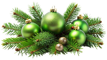 green christmas balls decoration with evergreen fir branches isolated on transparent background