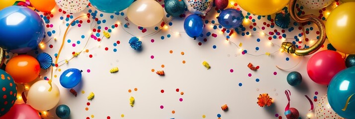 Colorful balloons and confetti on a white background.