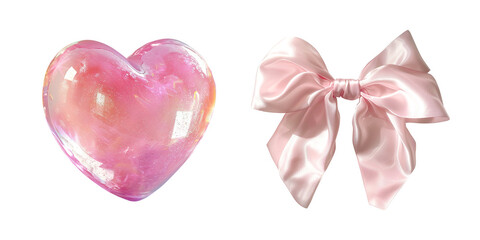 Pink heart and silk bow. Coquette style clipart. Elements for collage, stickers, design, greeting cards. Isolated image. Photorealism.