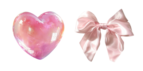 Pink heart and silk bow. Coquette style clipart. Elements for collage, stickers, design, greeting cards. Isolated image. Photorealism.