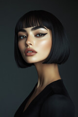 Fototapeta premium Sophisticated woman with a sleek bob haircut and bold eyeliner, dressed in an elegant black outfit. The gray background adds a touch of mystery to her allure.