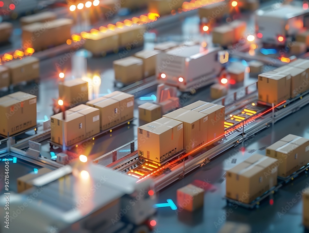 Poster high volume logistics hub with packages being sorted and processed at lightning speed
