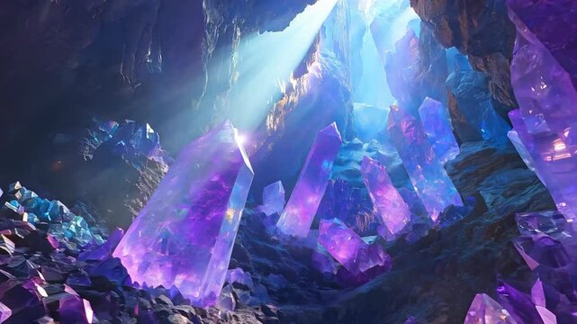 ethereal fantasy scenery, purple crystals glowing in cave with light shine from above, crystal cave