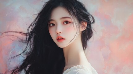 Fototapeta premium Portrait of a Young Woman with Long Black Hair Against a Soft Pink and White Background