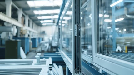 Obraz premium Glass panels moving on a conveyor belt in a factory.