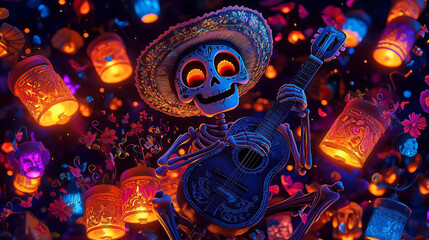 Fototapeta premium Dia de los Muertos skeleton playing guitar under glowing lanterns