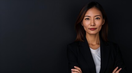 Obraz premium Portrait of a confident Asian businesswoman in a black blazer, looking directly at the camera.