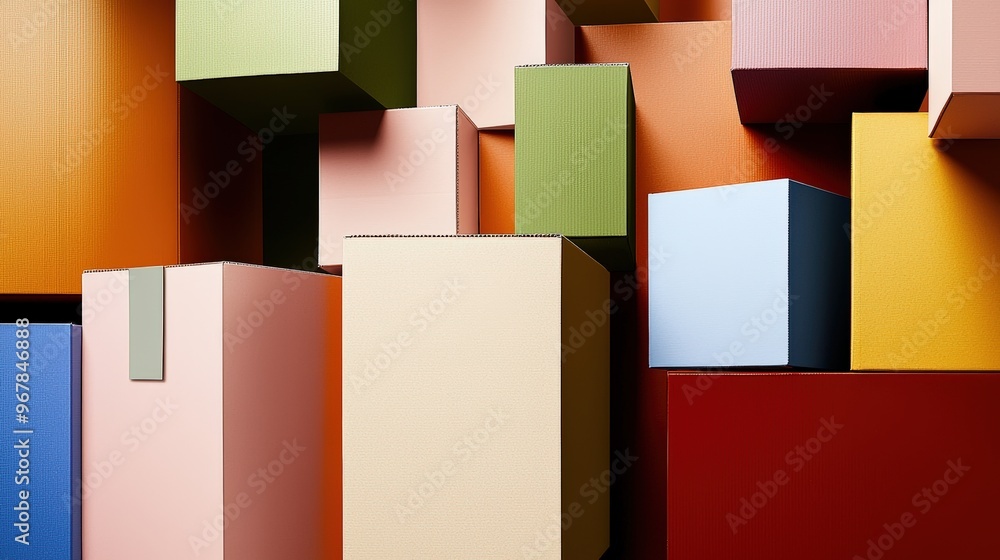 Poster abstract cardboard boxes background with vibrant colors and geometric shapes for design and branding