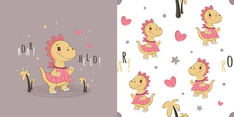 Fototapeta premium Children's seamless pattern with the image of a funny dinosaur. Vector design for baby bedding, fabric, wallpaper, wrapping paper and more.