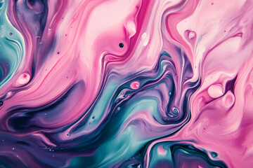 Fototapeta premium Swirling liquid paints in vibrant hues of pink, purple, and teal, blending seamlessly into each other with a glossy, smooth texture that creates a mesmerizing marbled effect.