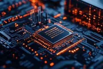 Obraz premium Close-up of a modern microchip on a circuit board with glowing lights, showcasing intricate technology and design features.