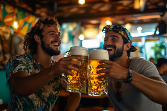 Two young Brazilian men laughing and toasting with large beer mugs in a tropical-themed bar with colorful decor. - Powered by Adobe