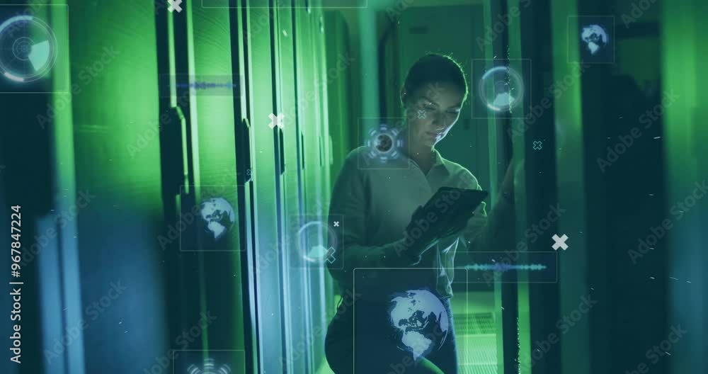 Poster animation of digital icons and data over caucasian female it technician by computer servers