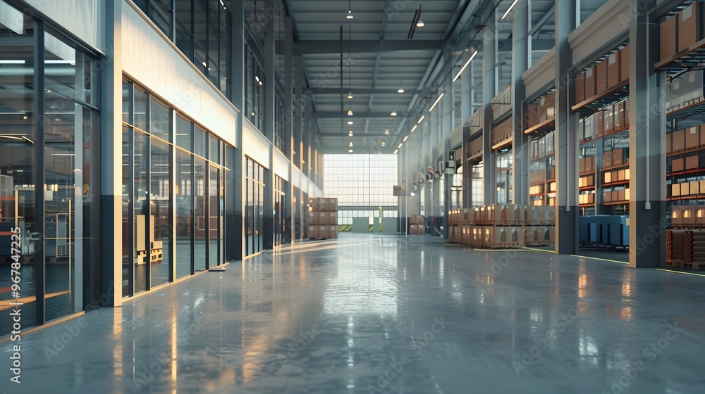 Poster efficient and automated modern warehouse with transparent walls showcasing streamlined