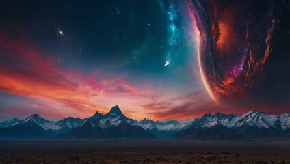 Alien world with towering mountains and a vibrant sky filled with cosmic energy.