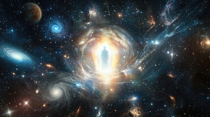 A hyper-realistic photograph of an endless expanse of stars and galaxies swirling in a vast, dark 