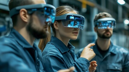 Three technicians using augmented reality glasses in a modern industrial facility during a training session focused on advanced technology