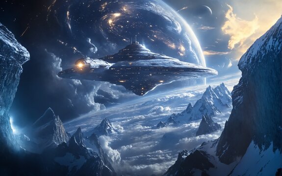 Astronave tra i cieli delle montagne con nuvole volumetriche e panorama ampio