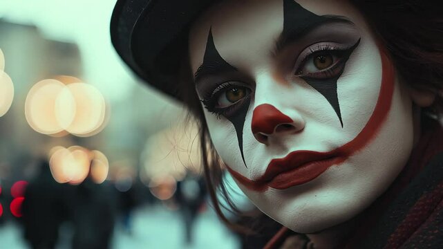 close up face of a clown wearing white face makeup looking at camera