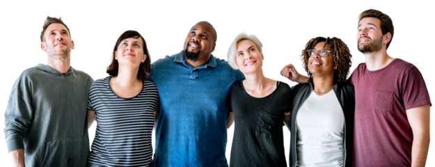 Diverse people png cut out, looking up, transparent background