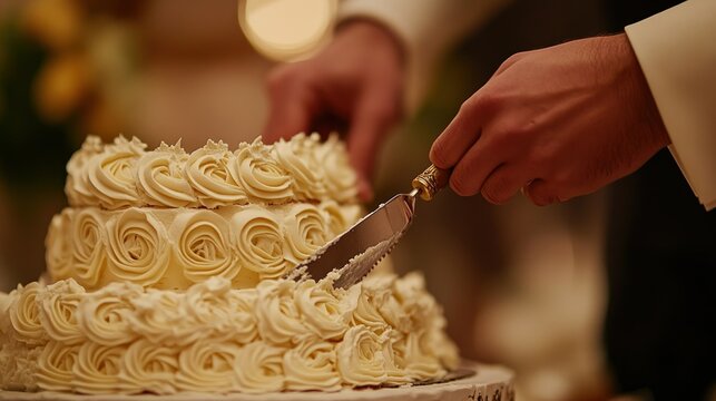 A person cutting a beautifully decorated cake with intricate icing.