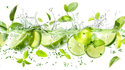 Green tea splash with fresh mint leaves and lime slices, creating a refreshing effect, isolated on a white background