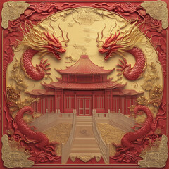 Fototapeta premium ornate chinese dragon and temple embossed design