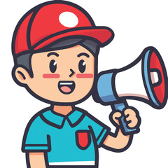 A man is holding up an open red megaphone and shouting in a simple drawing style