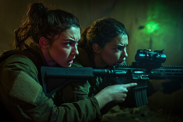 Two female soldiers aiming rifles in combat zone.