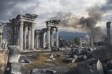 Ruins of an ancient temple with smoke rising in the background.