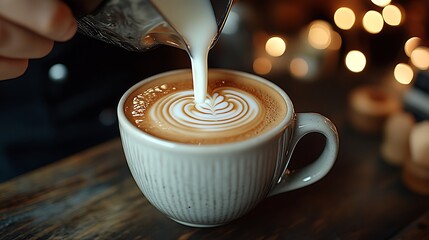 Barista carefully pouring milk into an espresso cup, delicate latte art forming on top, soft focus on the cup and hand, bokeh lights and warm lighting in the background,
