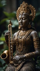 An intricately detailed goddess sculpture playing a musical instrument.