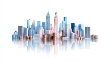 Fototapeta premium Stunning city skyline featuring iconic skyscrapers and modern architecture, reflecting in calm waters. Perfect for urban themes.