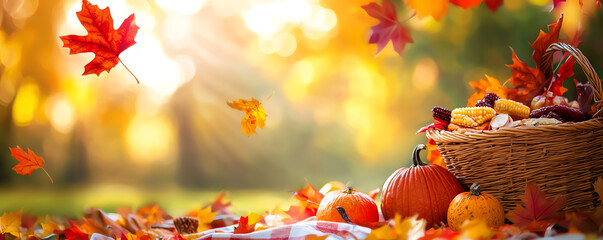A vibrant autumn scene featuring colorful leaves, a woven basket filled with fruits, and warm sunlight filtering through trees.