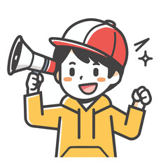 A man is holding up an open red megaphone and shouting in a simple drawing style