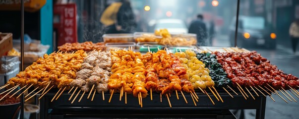 Korean street food stall with various skewers on display, Korean snacks, vibrant street life