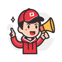 A man is holding up an open red megaphone and shouting in a simple drawing style