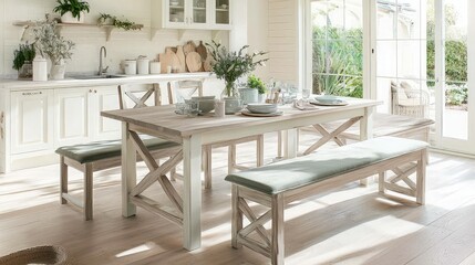 Fototapeta premium Rustic Farmhouse Kitchen Dining Table and Benches