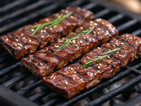 Marinated Korean beef ribs galbi grilling over charcoal, Korean BBQ, aromatic cooking