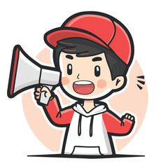 A man is holding up an open red megaphone and shouting in a simple drawing style
