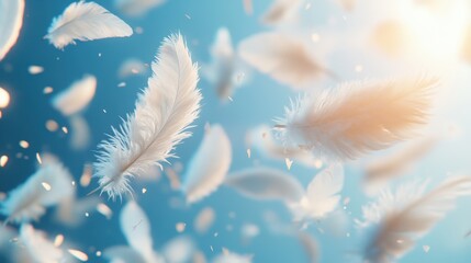 Naklejka premium white feathers drift serenely in the sky, conveying purity and tranquility an inspirational concept for a banner design